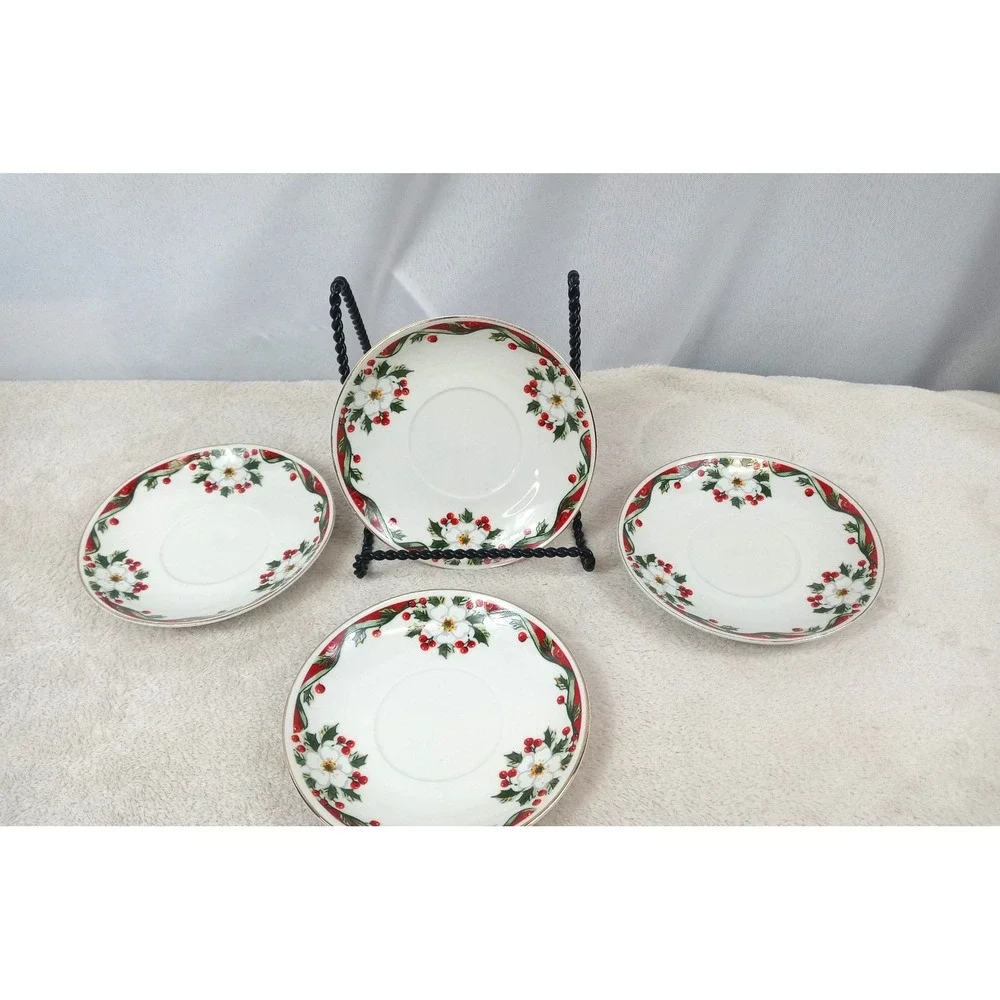 Set of 4 Gibson‎ Christmas Poinsettia & Holly Saucers 5.75